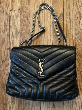 Saint Laurent Black Quilted Chevron Leather Shoulder Bag with Silver YSL Logo